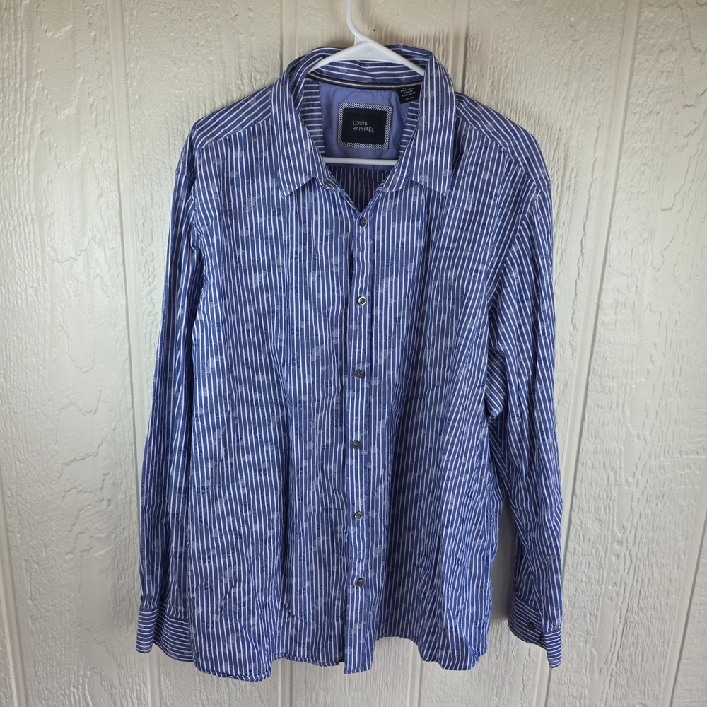 Men's Louis Raphael Blue and White Striped Casual Shirt, Size XXL